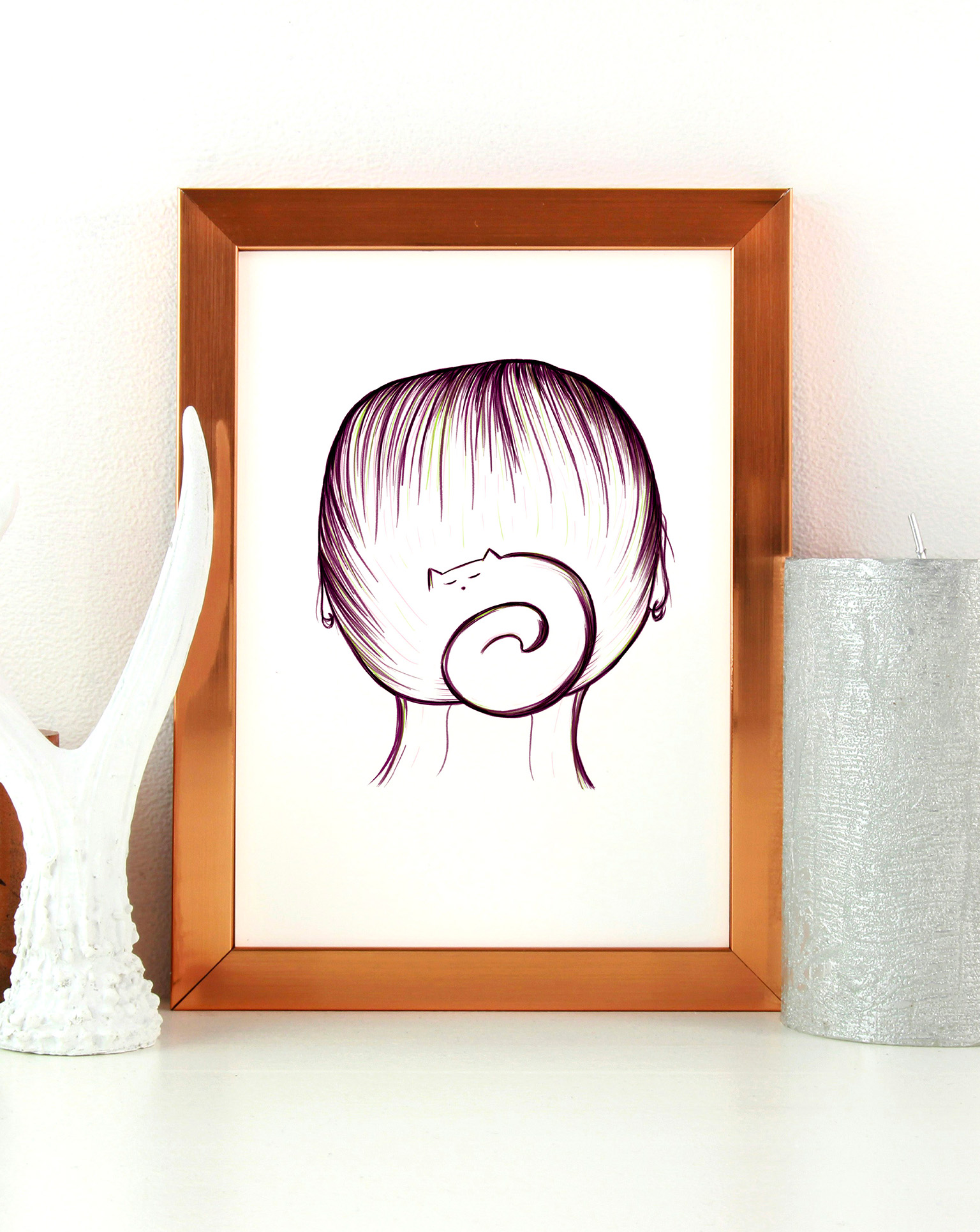 Illustration "chat chignon" au format A5 mise en scène dans un cadre