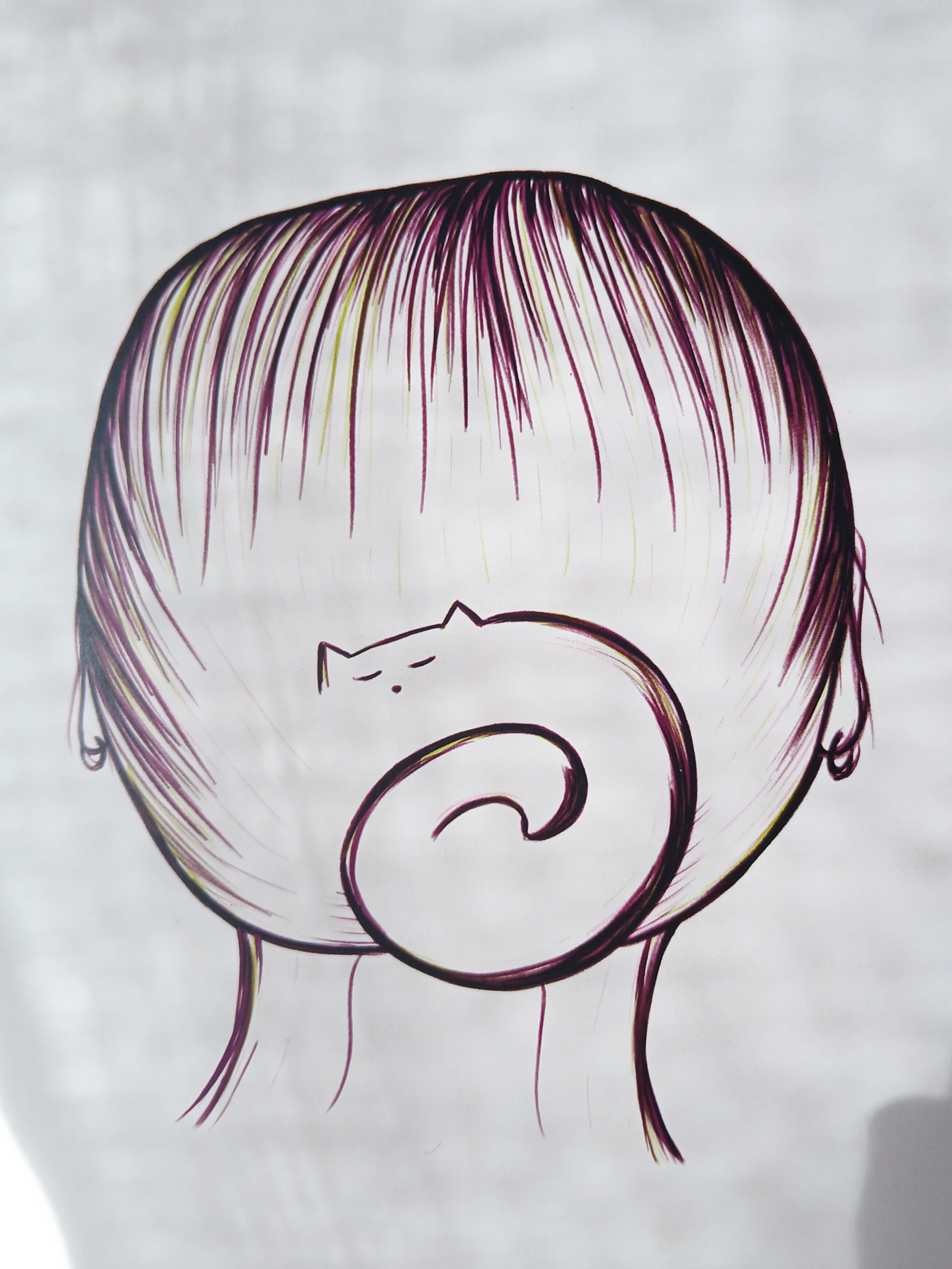 Illustration "chat chignon" au format A5 zoomée, détails